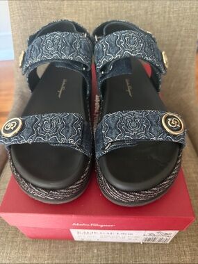 Salvatore Ferragamo Denim-Patterned Blue Logo-Accent Women's Sandals